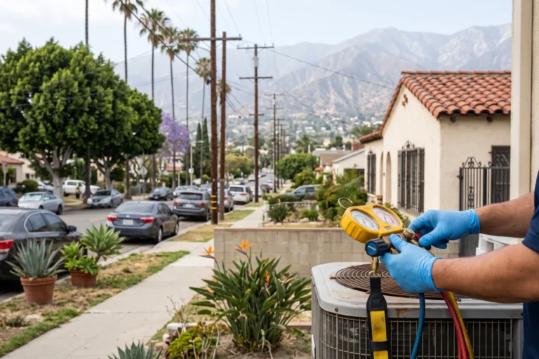Technician checking refrigerant pressure on an outdoor AC unit